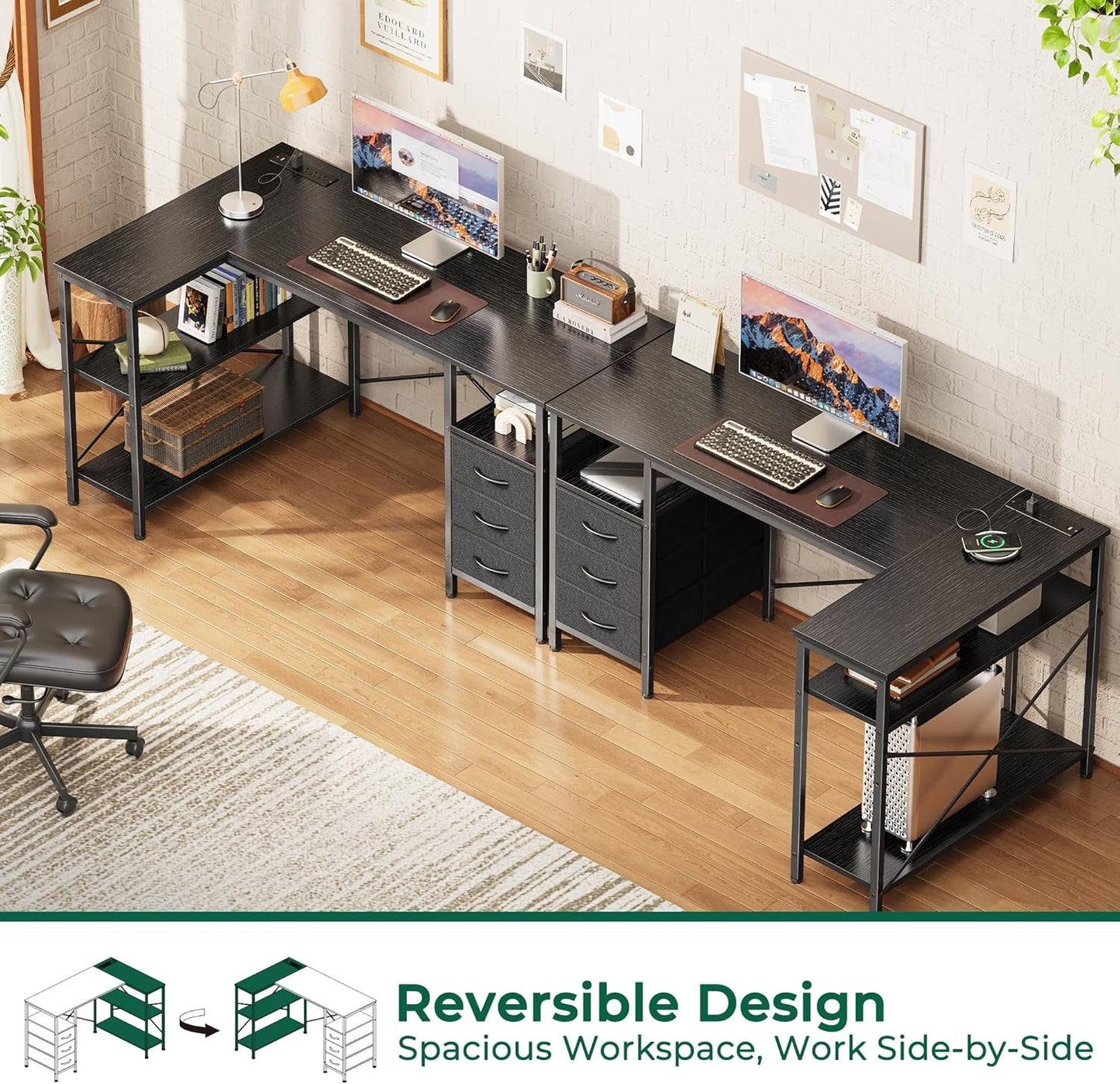 L Shaped Desk with Power Outlets, Computer Desk with 3 Drawers, 47