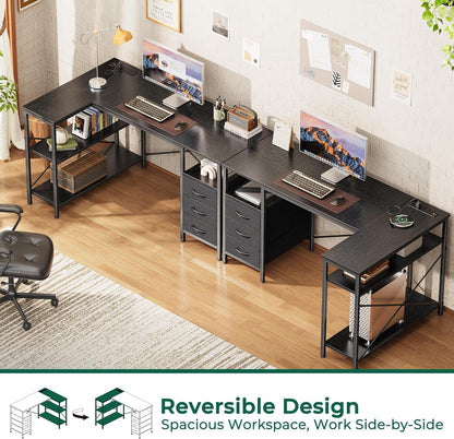 L Shaped Desk with Power Outlets, Computer Desk with 3 Drawers, 47