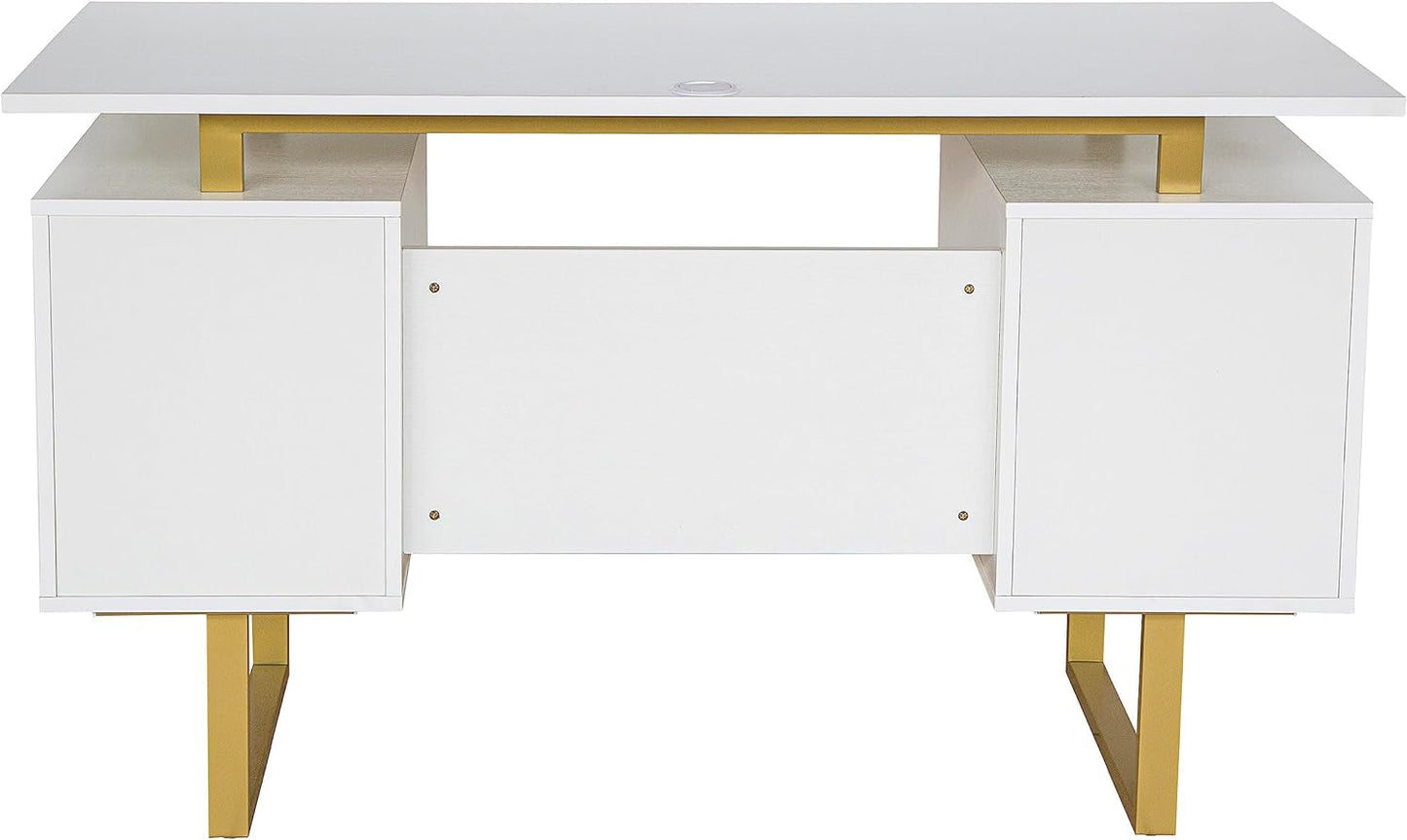 51" White Gold Desk with Storage Cabinet