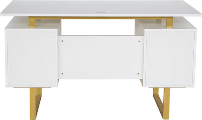 51" White Gold Desk with Storage Cabinet