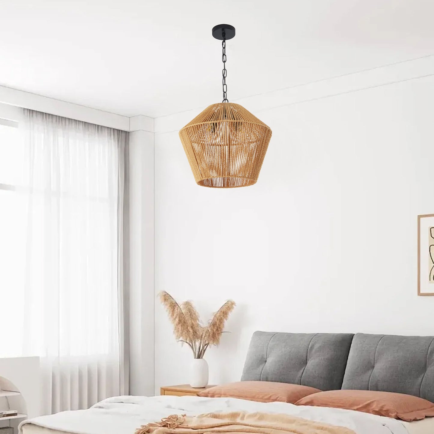 Boho Hemp Rope Pendant Light, Handcrafted Farmhouse Hanging Light