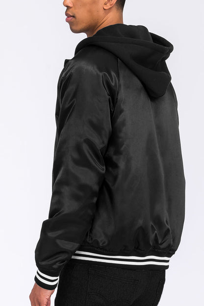 Satin Hooded Varsity Jacket Snap Button Closure BJ220