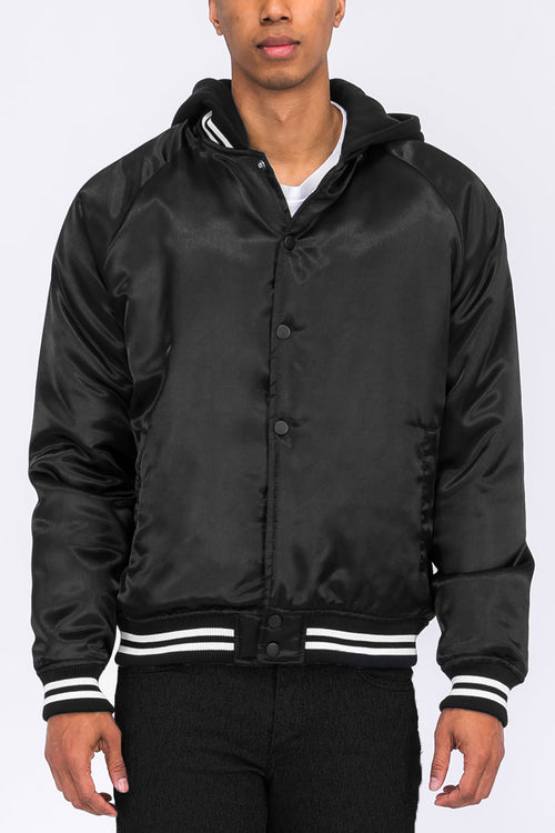 Satin Hooded Varsity Jacket Snap Button Closure BJ220