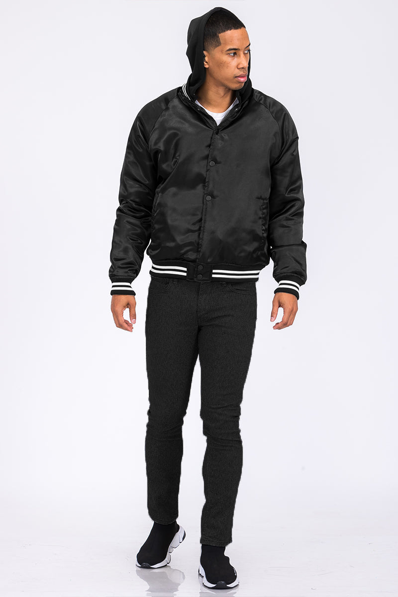 Satin Hooded Varsity Jacket Snap Button Closure BJ220