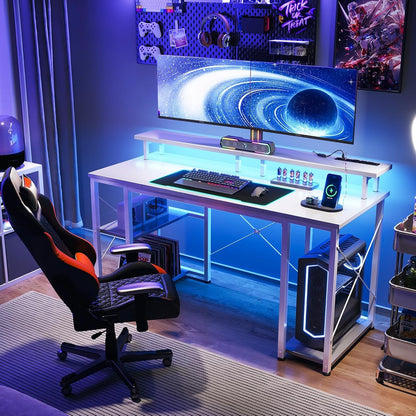 48 Inch Gaming Desk with LED Lights & Power Outlets, Computer Desk