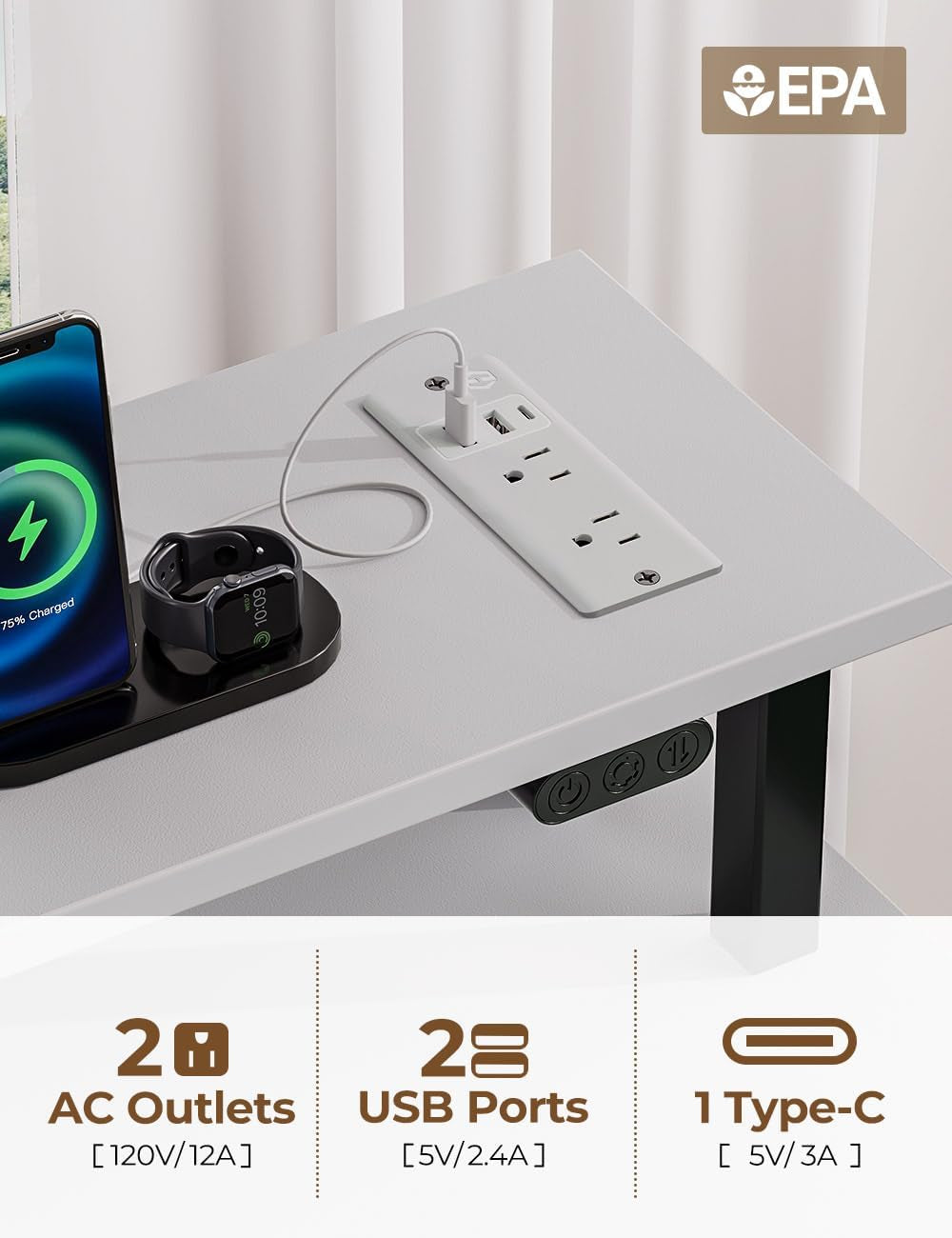 Computer Desk with Power Outlets & LED Light, 47 Inch Home Office Desk
