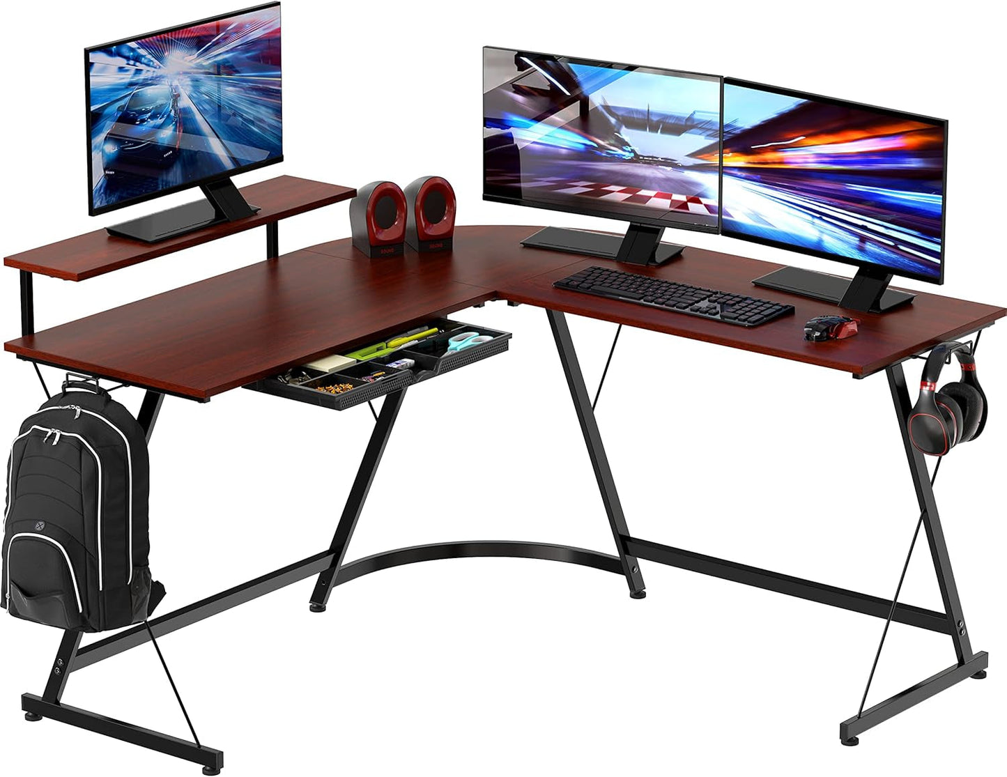 Vista L-Shape Desk with Monitor Stand, Cherry