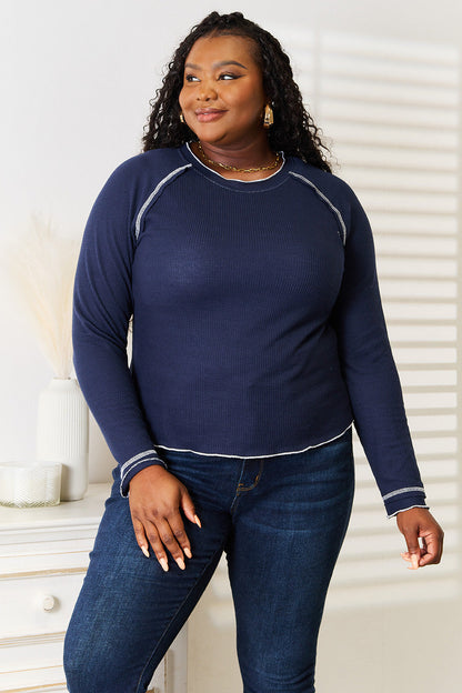 Double Take Long Raglan Sleeve Round Neck Top
