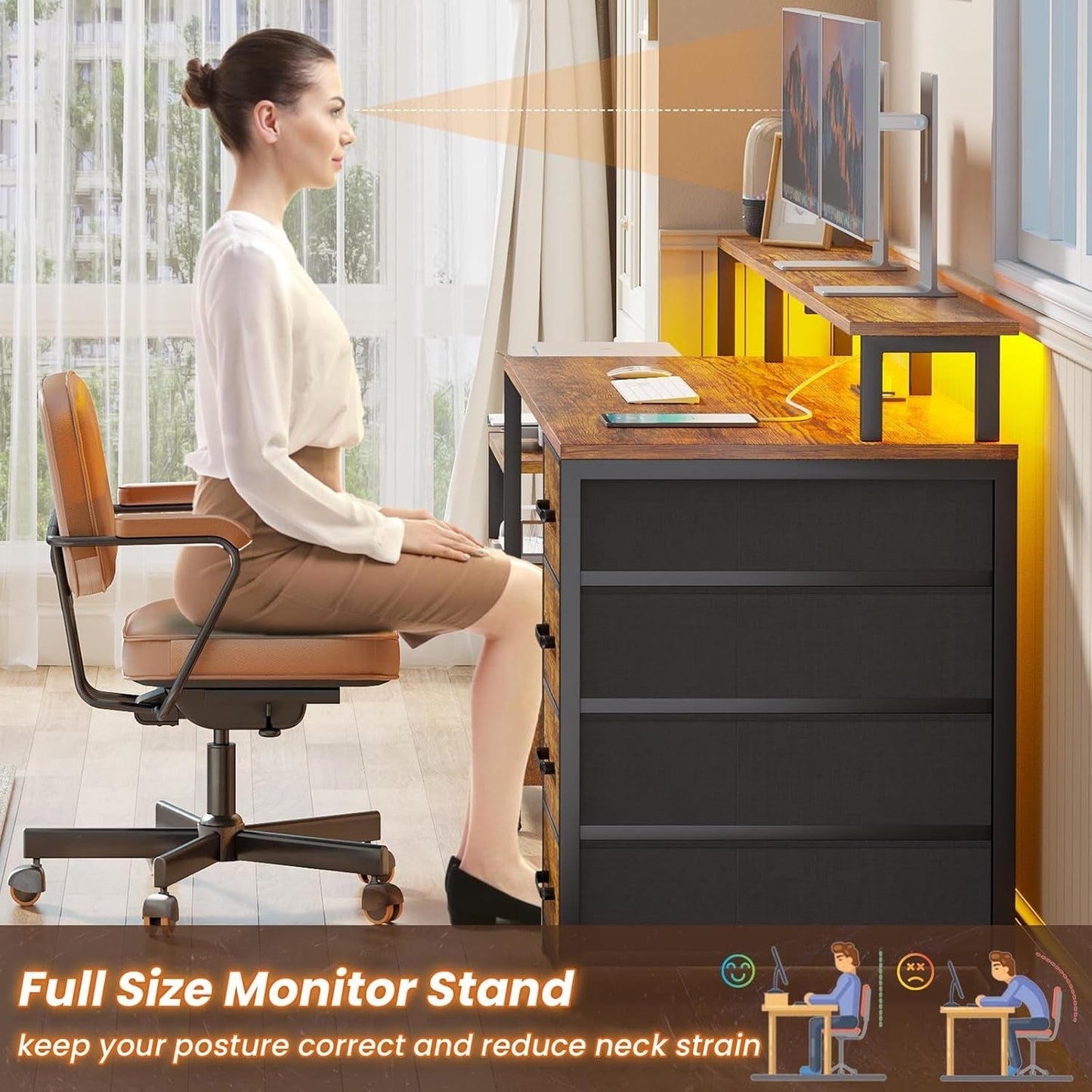 Home Office Desk with File Drawer & Power Outlet, 66'' Computer Desk