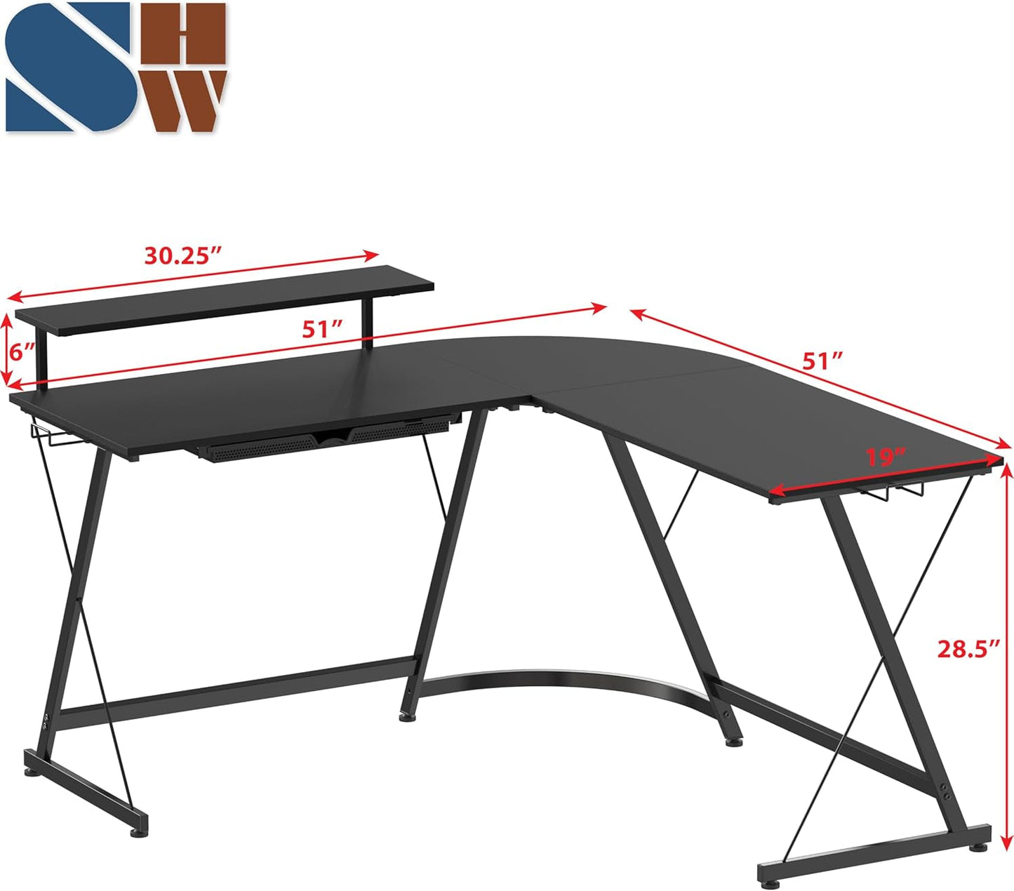 Vista L-Shape Desk with Monitor Stand, Black