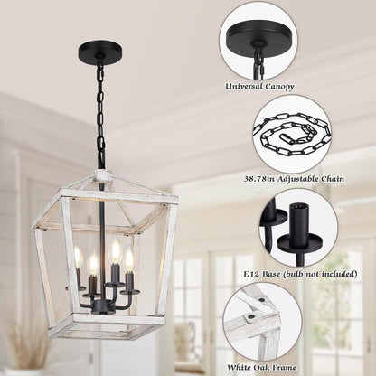 4 Light Rustic Chandelier, Farmhouse Lantern Fixture with Brushed