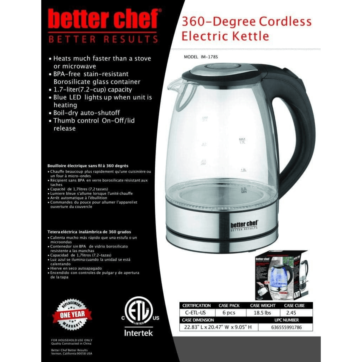 Better Chef 1500W 7-Cup Cordless Electric Borosilicate Glass Kettle wi