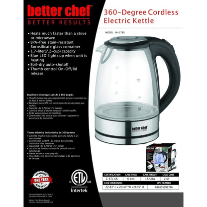 Better Chef 1500W 7-Cup Cordless Electric Borosilicate Glass Kettle wi