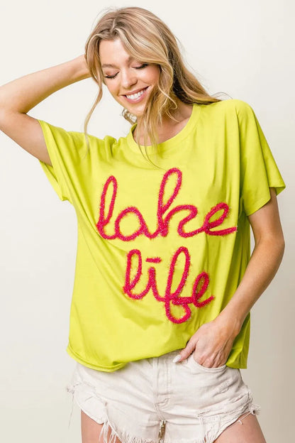 BiBi Metallic Letter Short Dolman Sleeve Top
