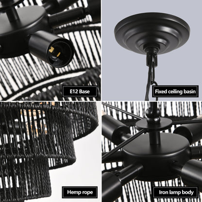 Rustic 4-Tier Black Hemp Rope Chandelier with 6 E12 Sockets, UL Listed