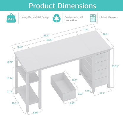 White Computer Desk with Fabric Drawers & Storage Shelves, 55 Inch