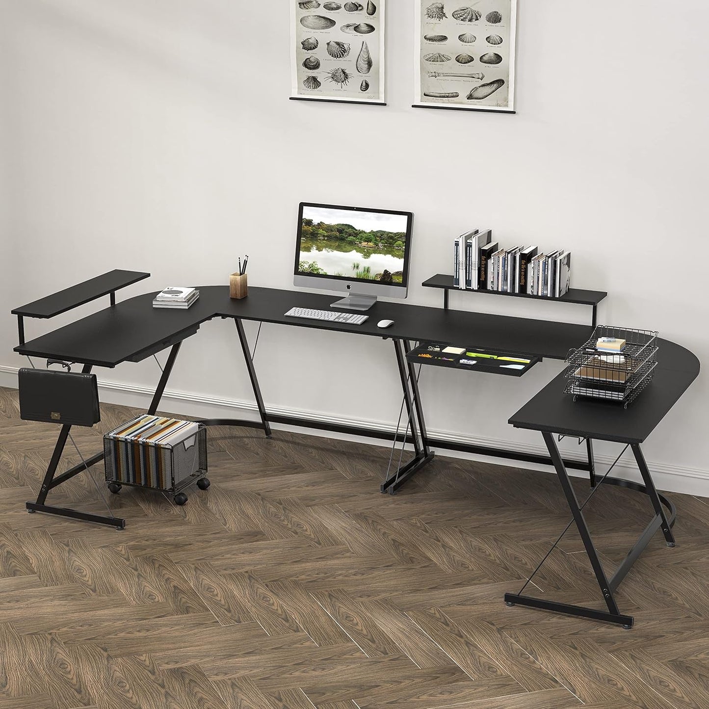 Vista L-Shape Desk with Monitor Stand, Black
