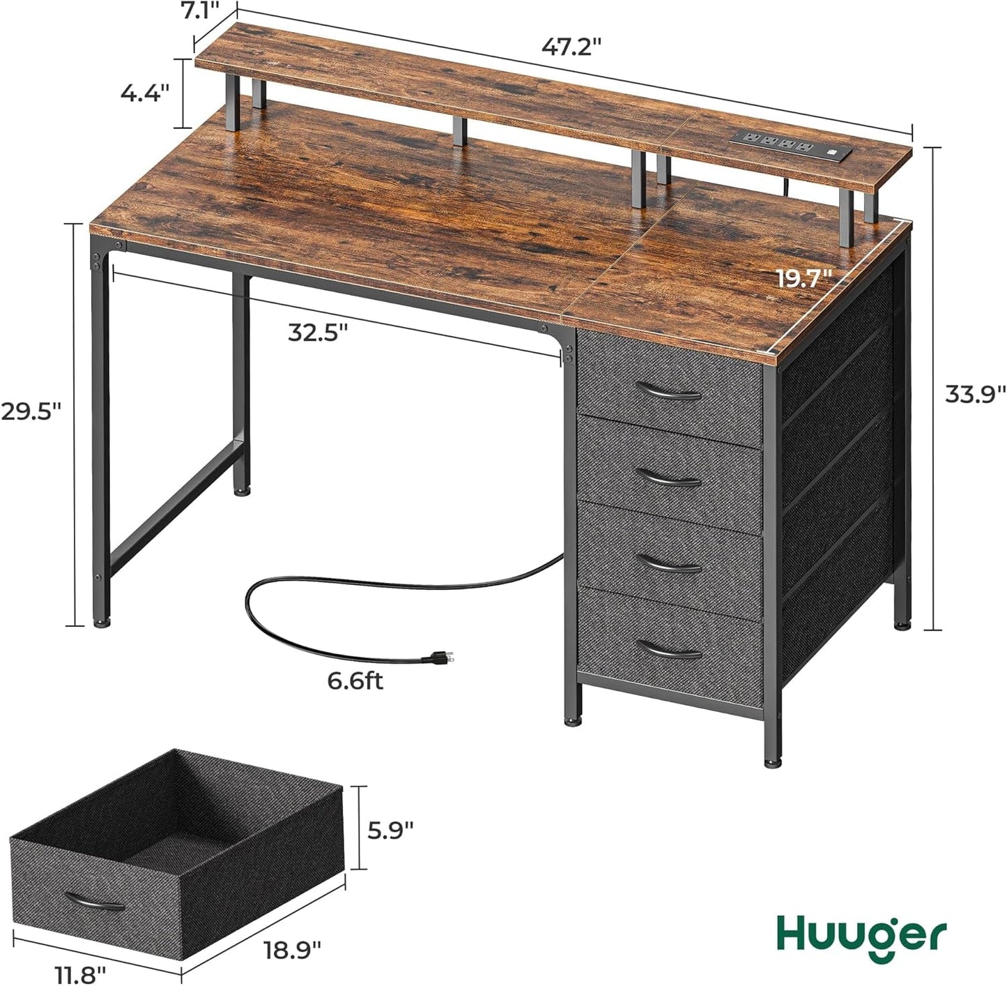 47 Inch Computer Desk with Power Outlets and LED Lights, Gaming Desk