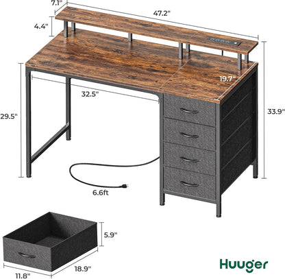 47 Inch Computer Desk with Power Outlets and LED Lights, Gaming Desk