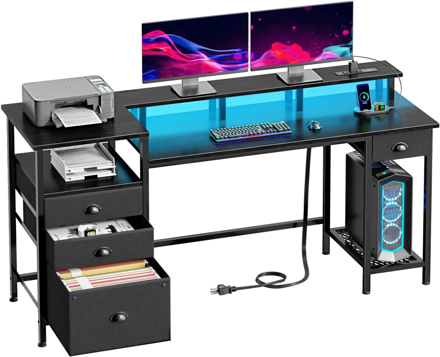 Black Computer Desk with 4 Drawers, 60" Long Office Desk with Fabric