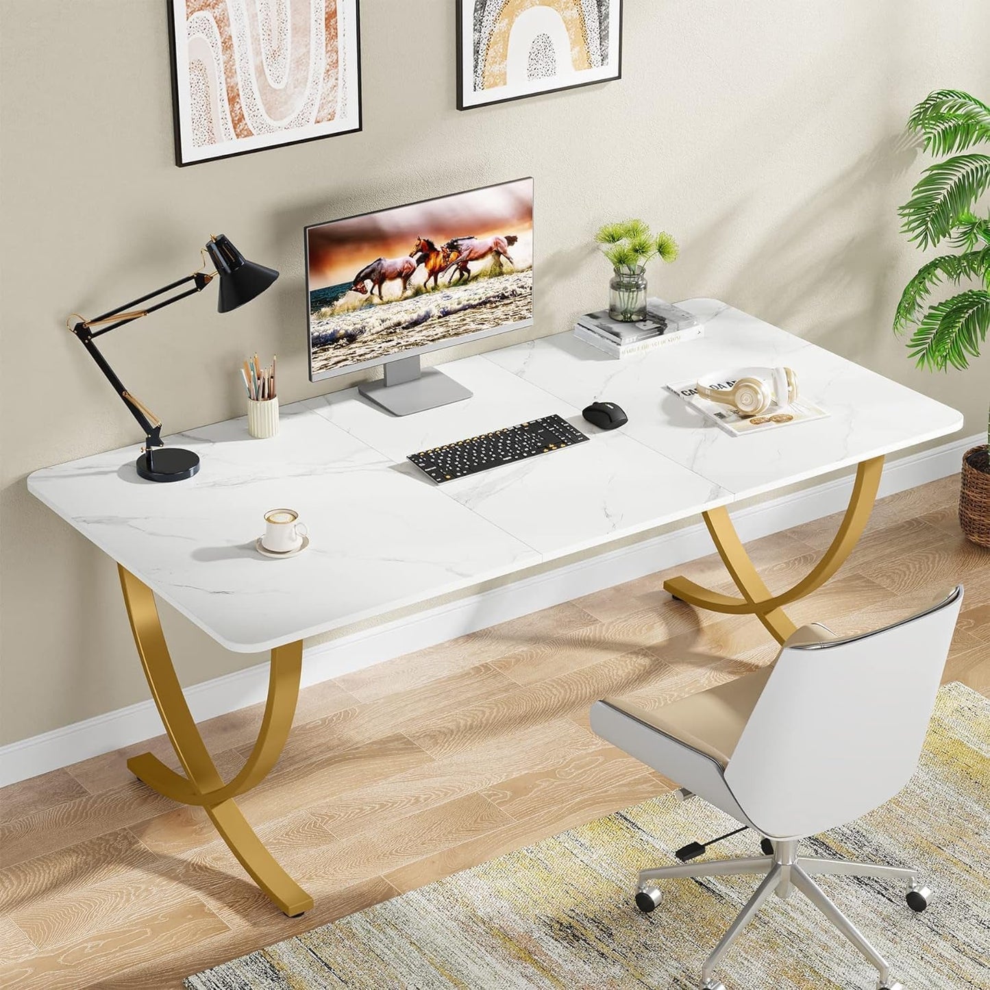 Executive Desk, 63” W X 31.5” D Large Office Desk, Modern Computer
