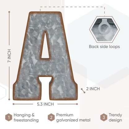 Galvanized Metal Letters for Wall Decor   3D Letter A for Hanging or