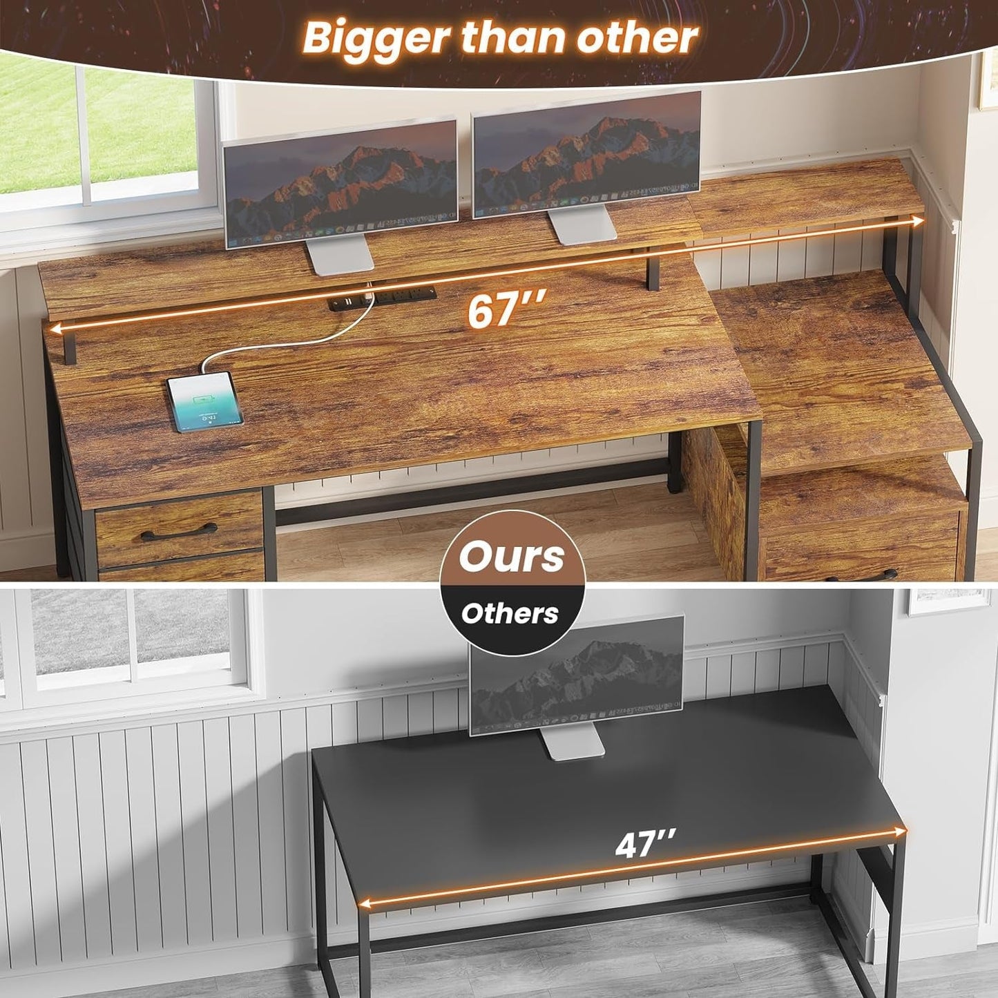 Home Office Desk with File Drawer & Power Outlet, 66'' Computer Desk