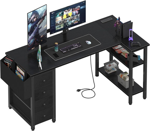 L Shaped Gaming Desk with Drawers & Storage Shelves, 55 Inch Corner