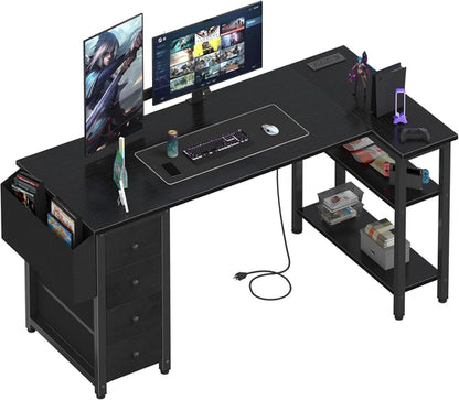 L Shaped Gaming Desk with Drawers & Storage Shelves, 55 Inch Corner