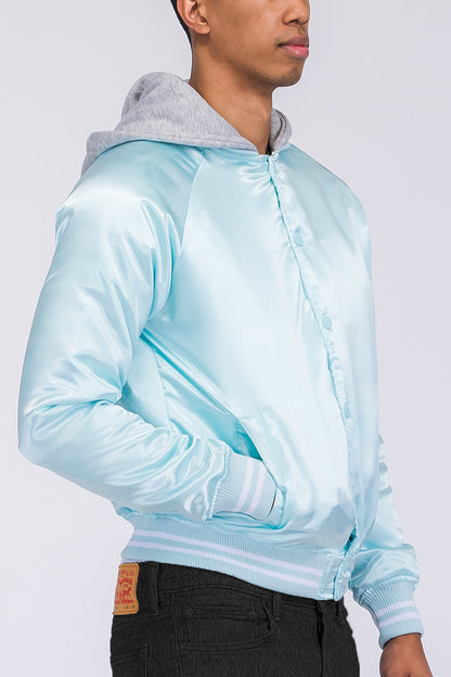 Satin Hooded Varsity Jacket Snap Button Closure BJ220