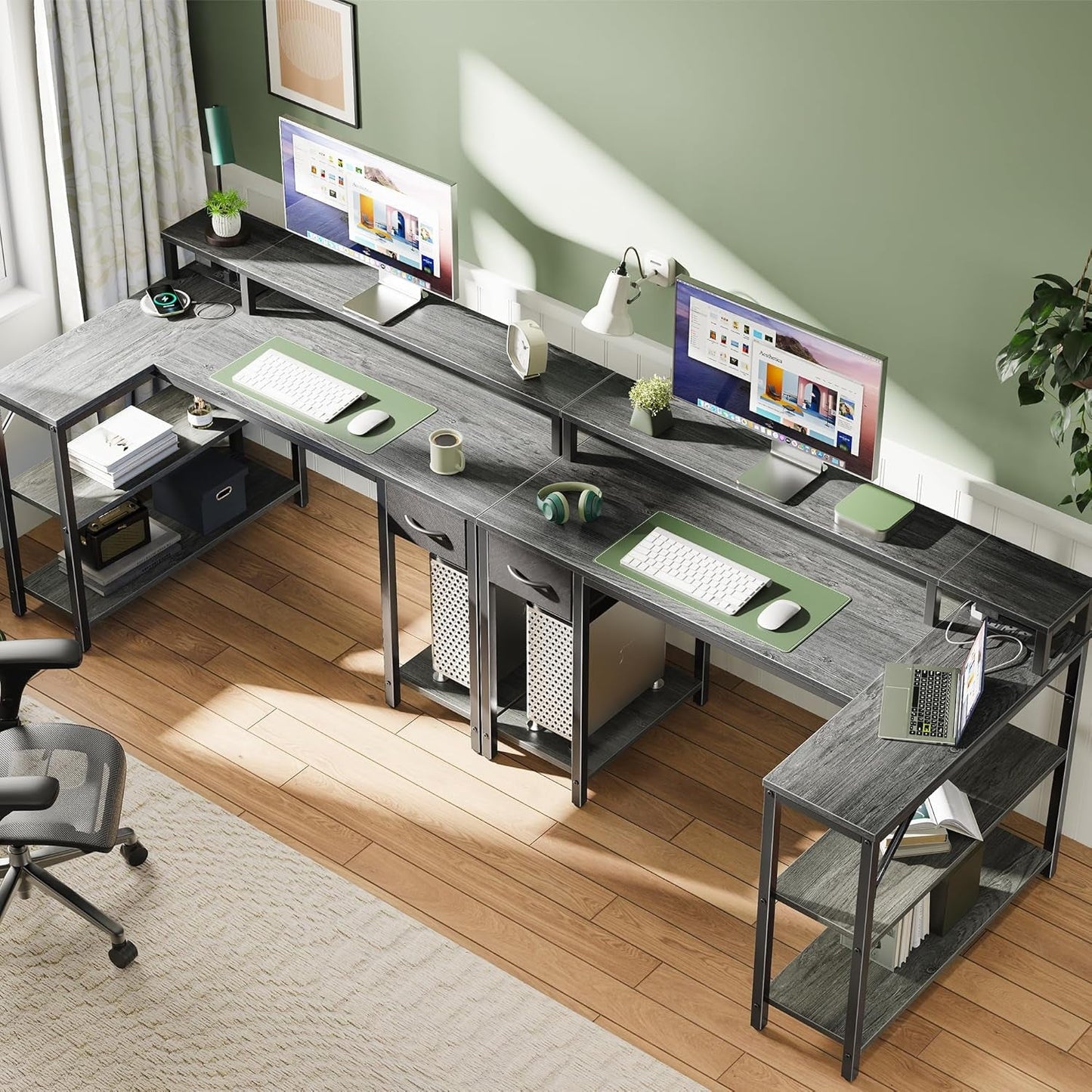 47 Inch Reversible L Shaped Desk with LED Lights & Power Outlets,