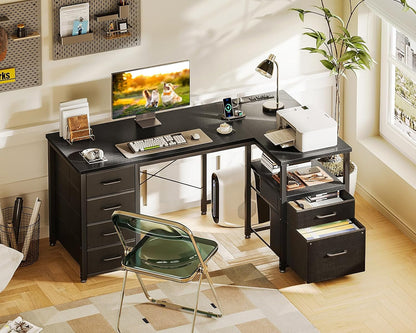 L Shaped Computer Desk with 6 Drawers & Power Outlet, 55 Inch Corner