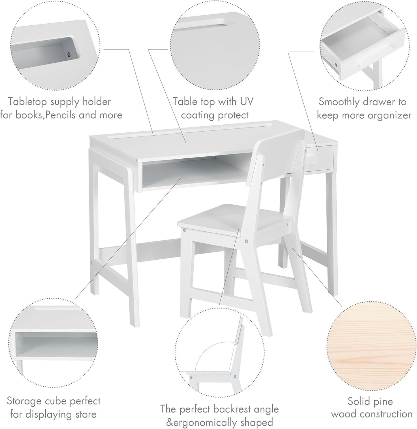Kids Desk and Chair Set, Study Desk for Kids with Drawers, Wooden