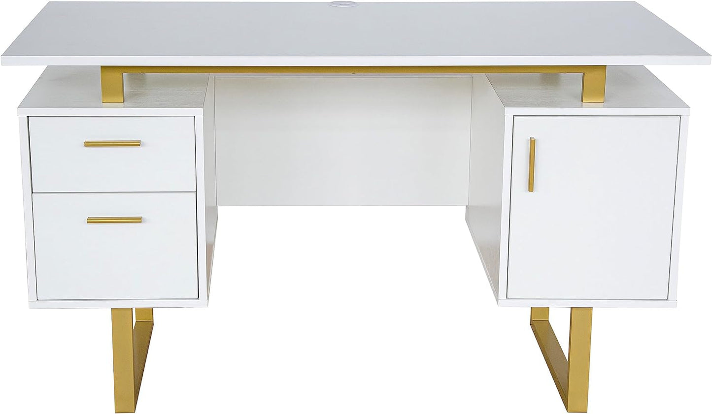 51" White Gold Desk with Storage Cabinet