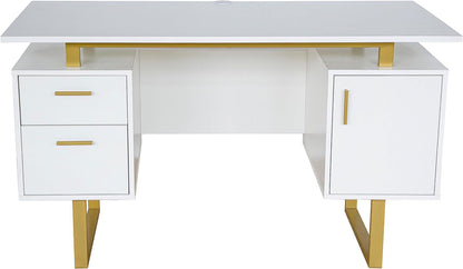 51" White Gold Desk with Storage Cabinet