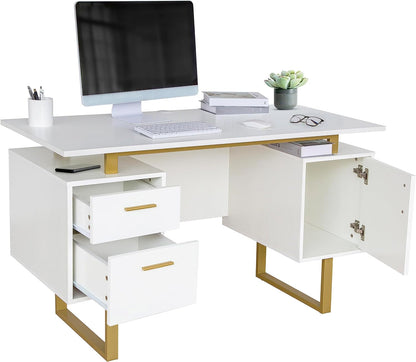 51" White Gold Desk with Storage Cabinet