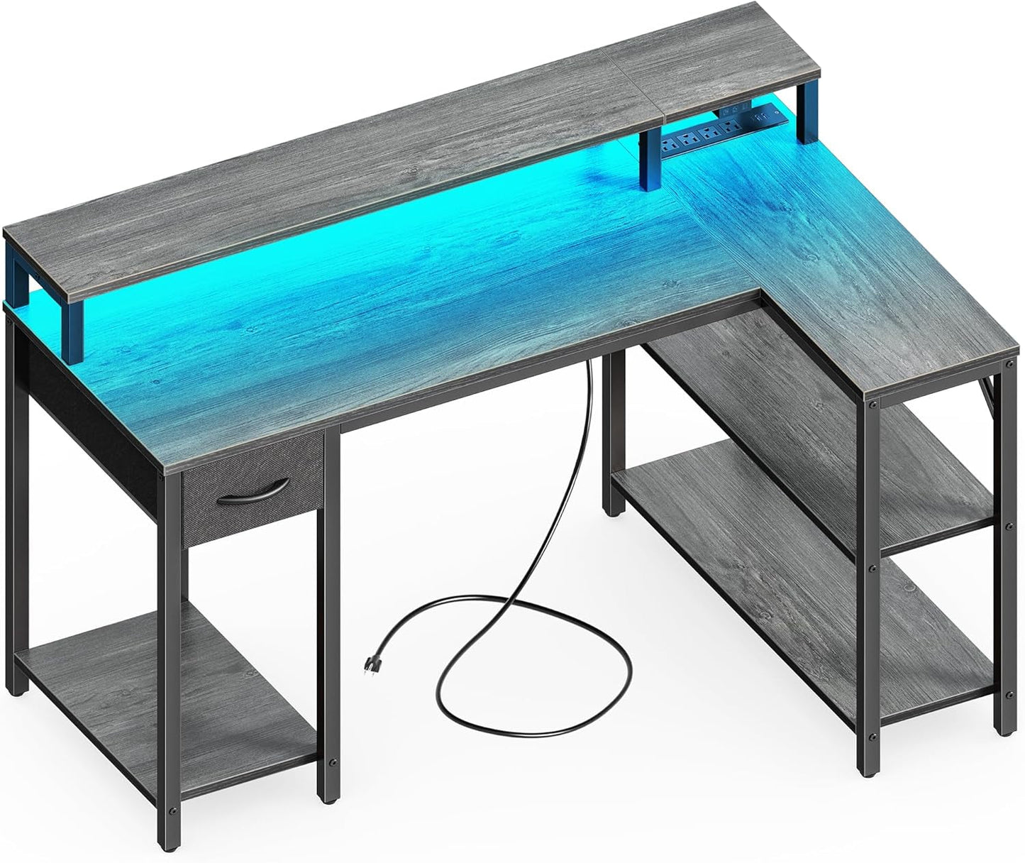 47 Inch Reversible L Shaped Desk with LED Lights & Power Outlets,