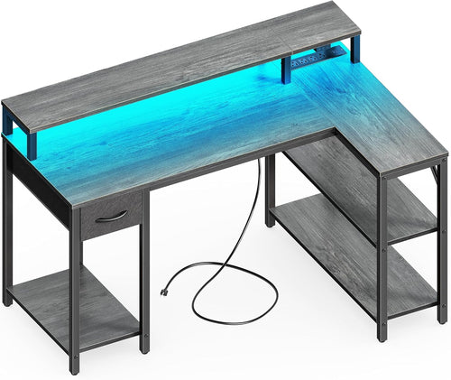 47 Inch Reversible L Shaped Desk with LED Lights & Power Outlets,