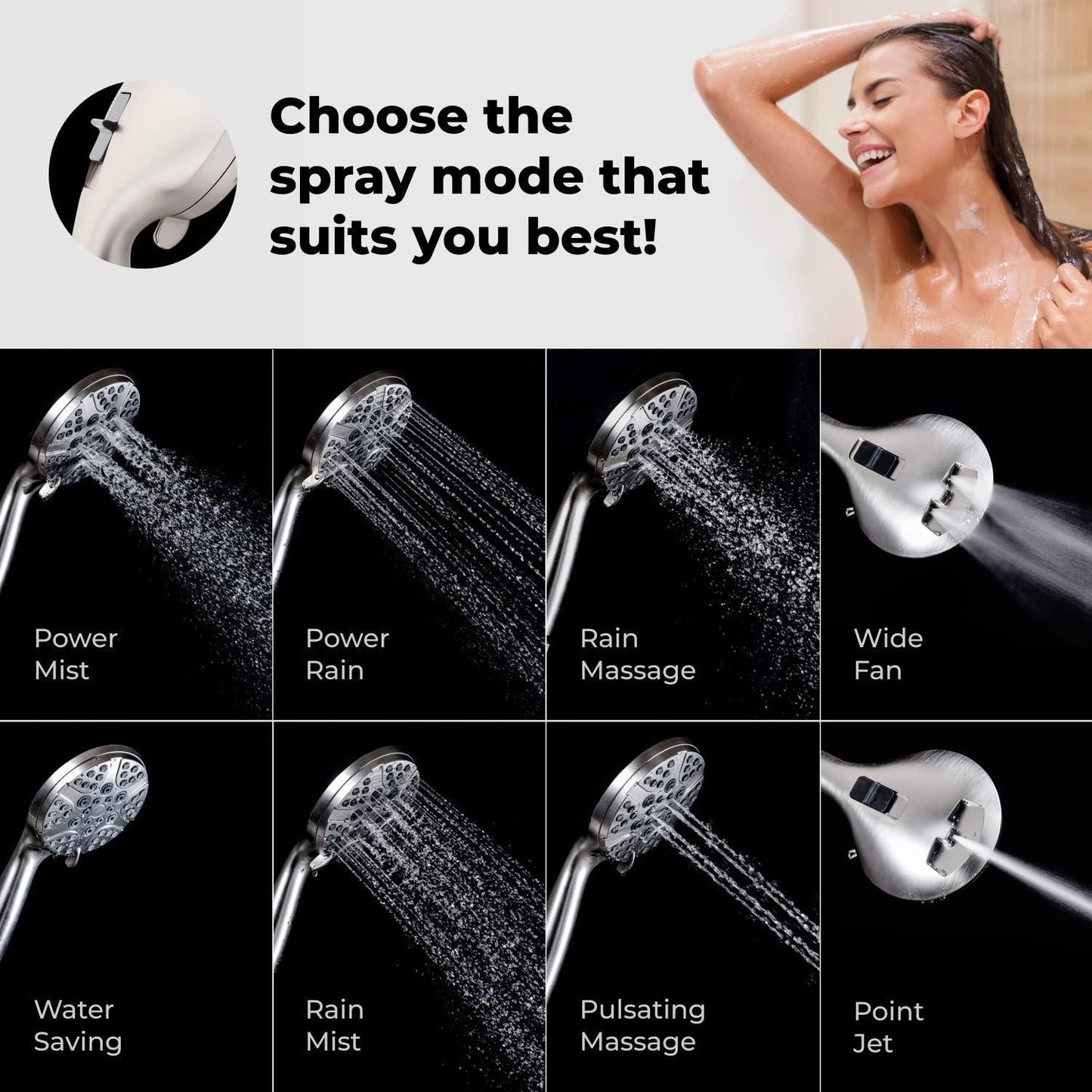 High Pressure Shower Head with Handheld   8 Spray Settings High Flow