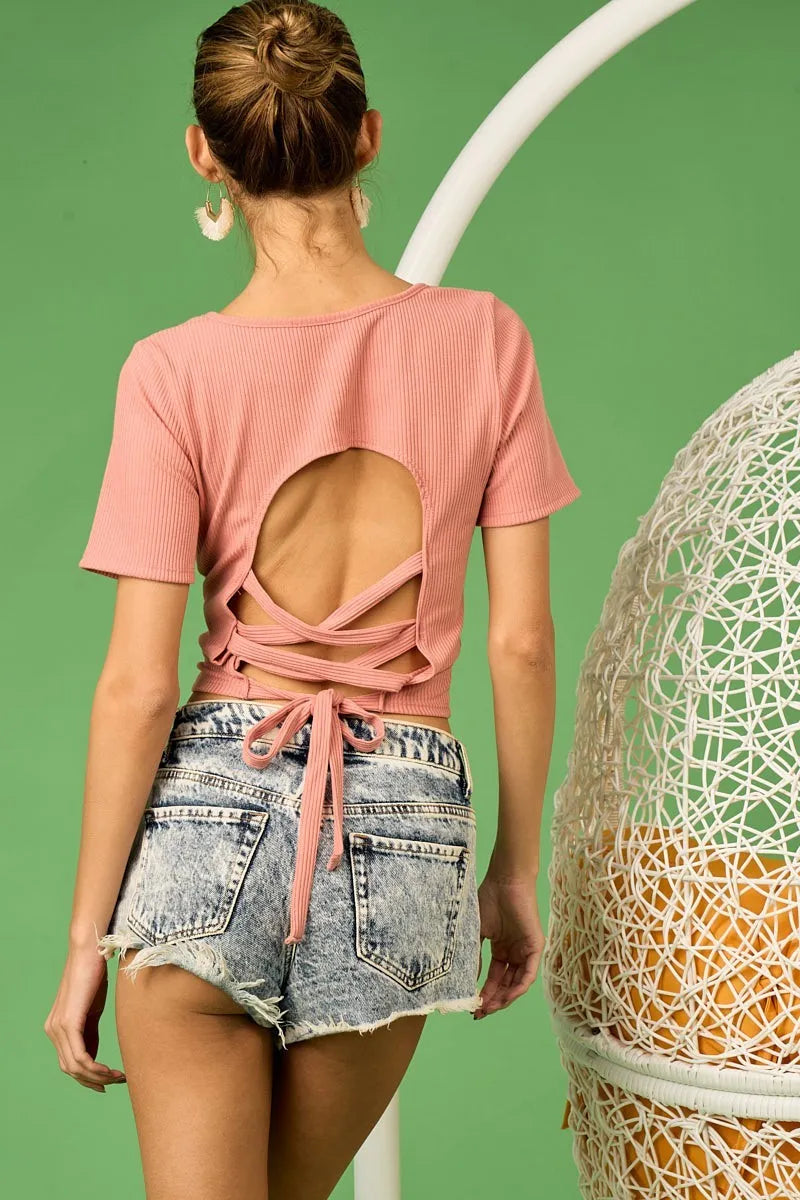 BiBi Rib Knit with Back Cross and Tied Detailed Top