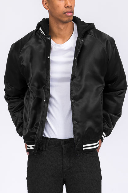Satin Hooded Varsity Jacket Snap Button Closure BJ220
