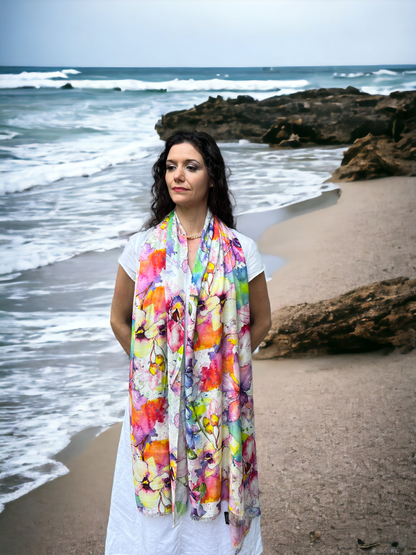 Spring Flowers Digitally Printed Abstract Watercolor Scarf