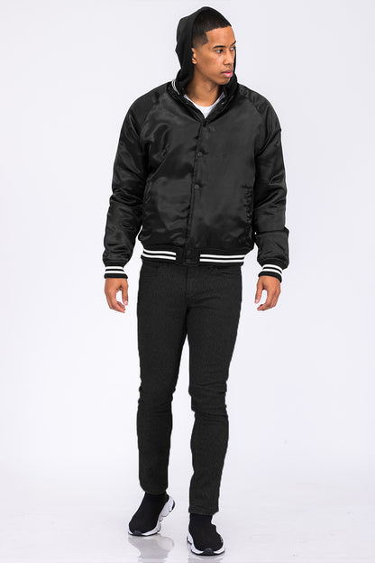 Satin Hooded Varsity Jacket Snap Button Closure BJ220