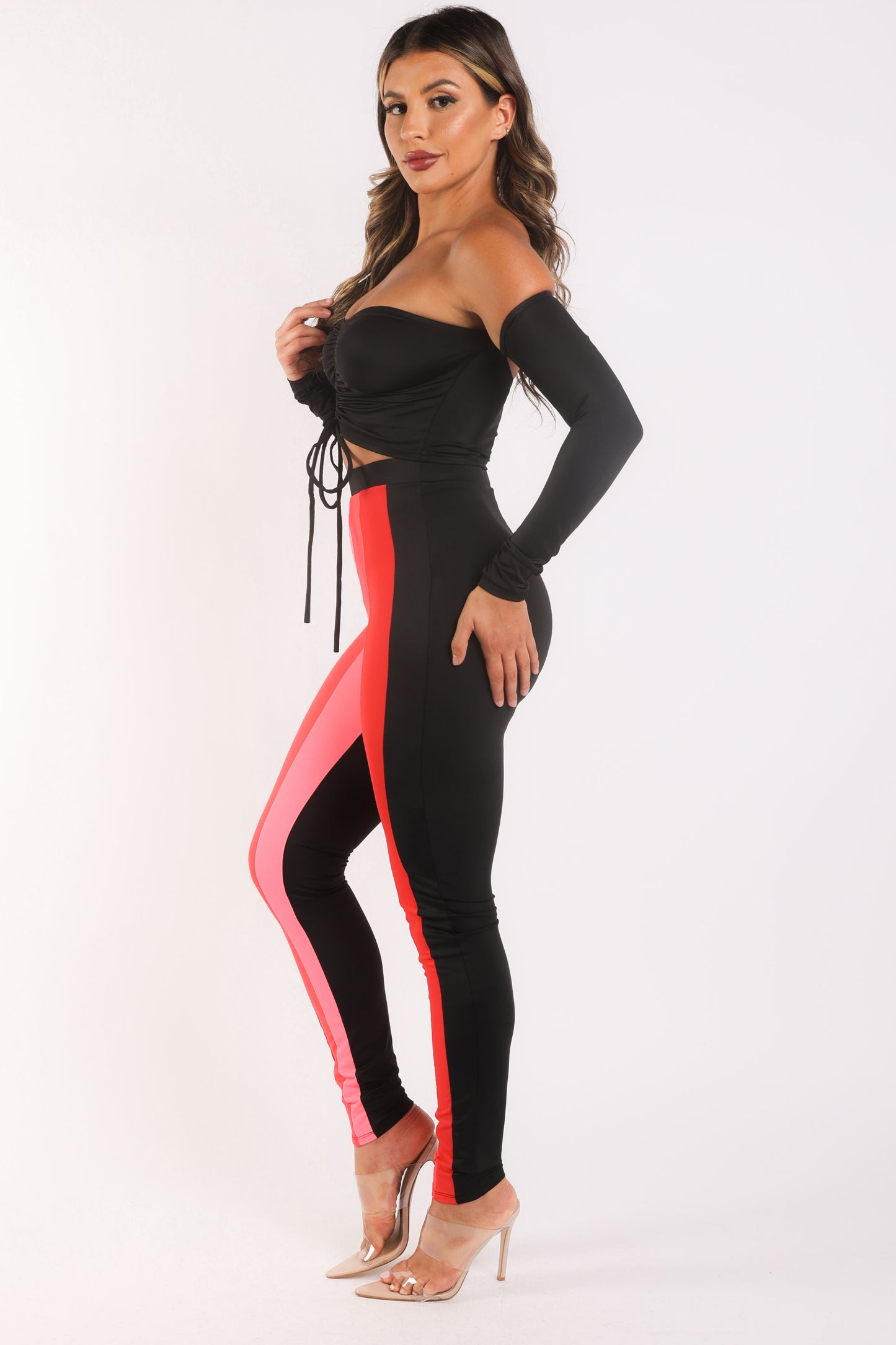 Casual Leggings And Matching Off Shoulder Top Outfit Set PINK