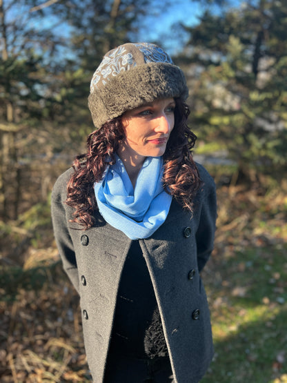 Handmade Suede Dark Gray and Blue Embroidered Hat