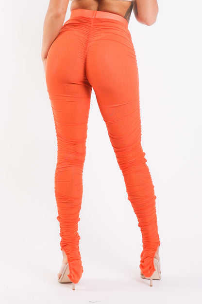 Casual Ruched Mesh Elastic Waist Sexy Leggings Slit Hem ORANGE