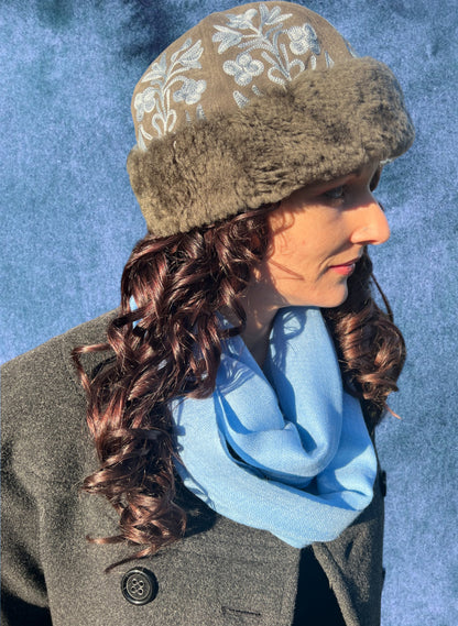 Handmade Suede Dark Gray and Blue Embroidered Hat
