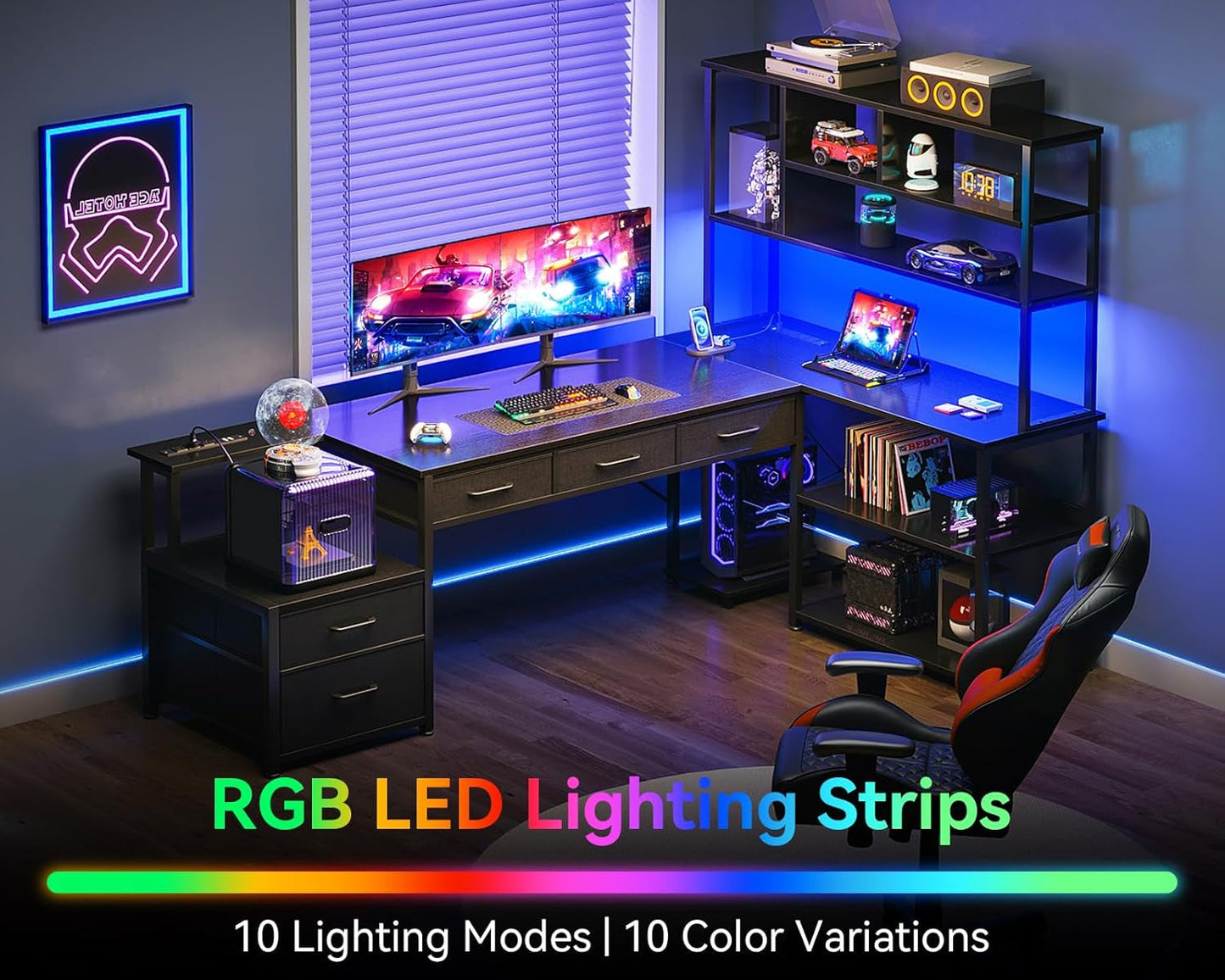 79 Inch L Shaped Desk with File Drawers, Reversible L Shaped Gaming