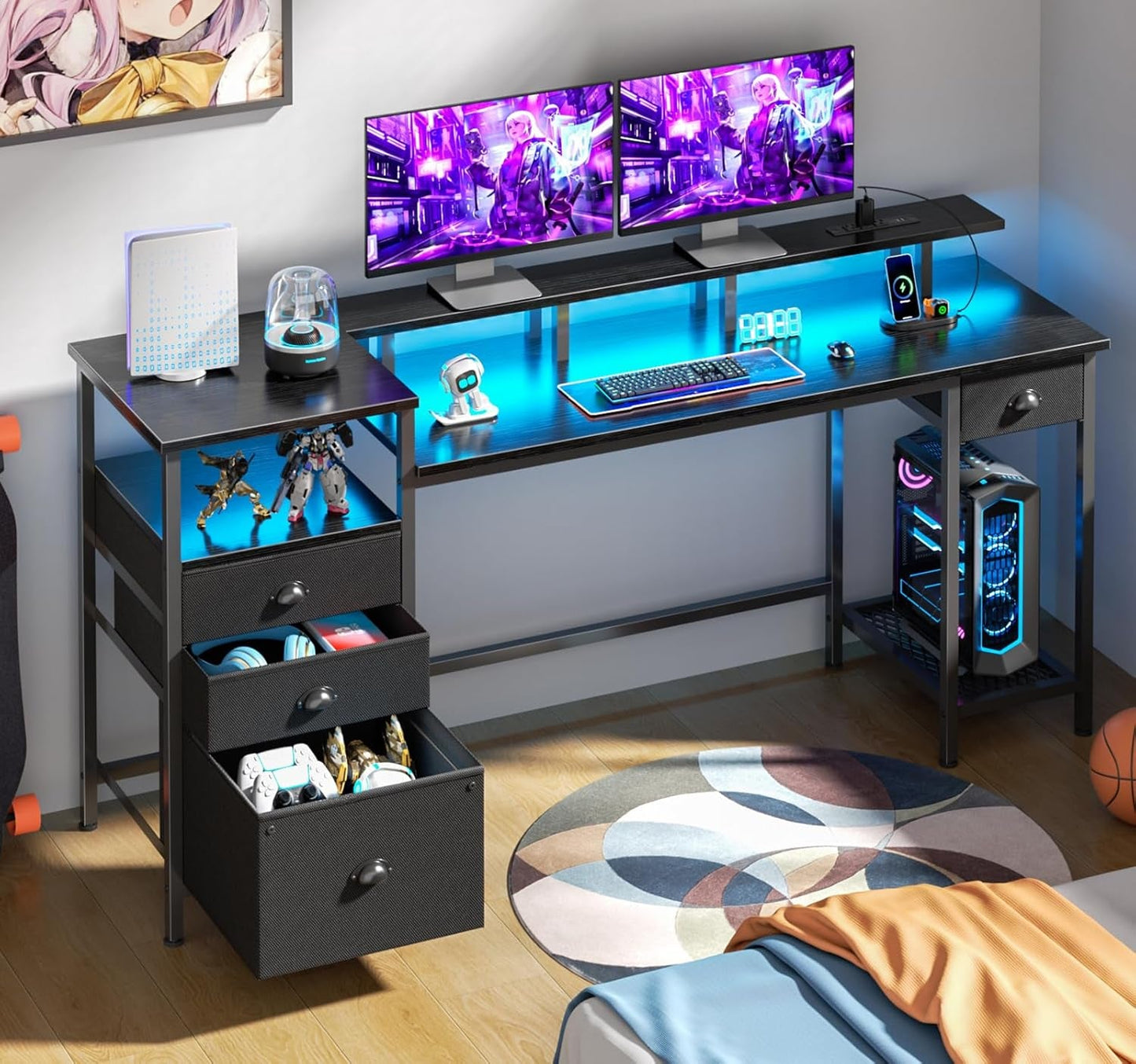 Black Computer Desk with 4 Drawers, 60" Long Office Desk with Fabric