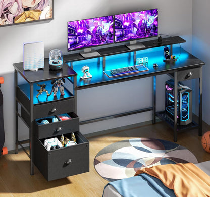 Black Computer Desk with 4 Drawers, 60" Long Office Desk with Fabric